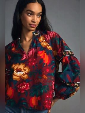 Farm Rio V-Neck Poplin Blouse Anthropologie Autumn Deep Leopard Floral Top Sz M